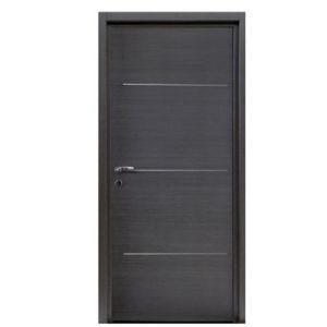 Bloc-porte Triaconta Gris 204x83 cm, Poussant Droit, 3 Inserts Aluminium Satiné - MDF, Porte à Battant Simple