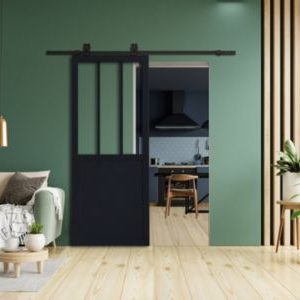Porte coulissante vitrée esprit atelier noir 204x73 cm – MDF, vitrage feuilleté, poignées des deux côtés – Image 4